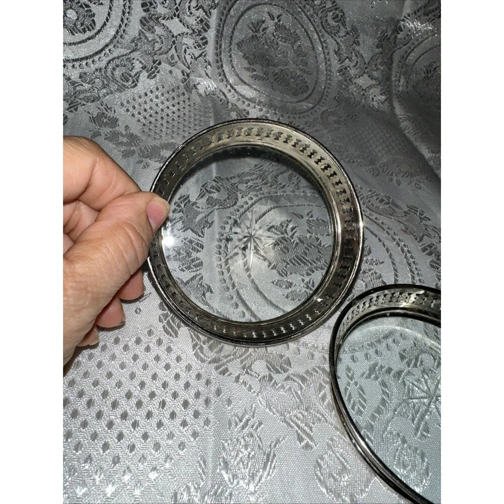 VINTAGE COASTERS WITH PIERCED METAL GALLERY & STAR-CUT GLASS BOTTOM SET OF 2